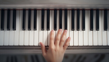 Close-up of female hand playing piano.