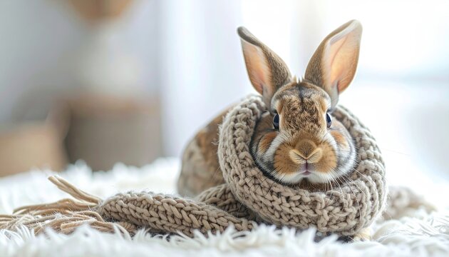 Close-up of a small brown and white rabbit wearing a cozy knitted scarf in soft natural window light sitting on a white fluffy blanket.