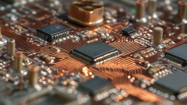 Close-up of a printed circuit board with integrated circuits and copper traces.