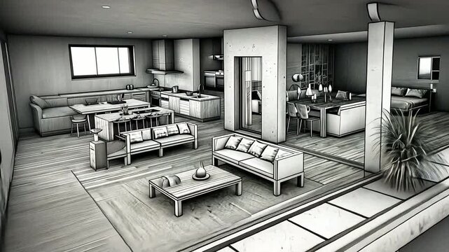 Grayscale isometric architectural drawing of an open-plan modern home layout with various furnished rooms