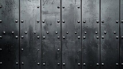 Fototapeta premium Textured dark metal surface with visible rivets creating a strong industrial background for modern design projects