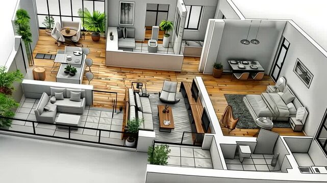 Detailed 3D floor plan rendering of a modern, open-concept apartment with stylish furniture and plants