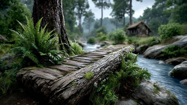 A moss-covered log bridging a forest stream.