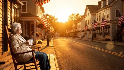 Elderly woman sitting porch drinking coffee at sunrise. Quiet town street lined with flag. Golden light emphasizes silence and relaxation. Gentle morning atmosphere invites peaceful reflection. Calm.