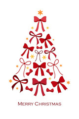 Elegant vector illustration of a Christmas tree silhouette made of red and burgundy bows. Design for greeting cards, posters, holiday decor, postcard, fabric print, gift, tag