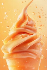 Orange swirl ice cream in cone with splash effect perfect for dynamic dessert ads and summer promotional visuals