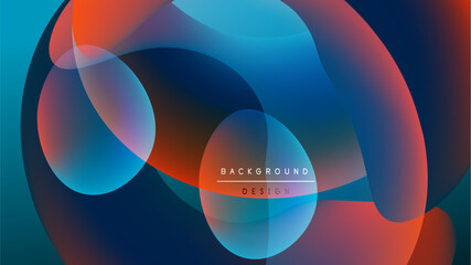 Abstract fluid shapes overlap, creating vibrant color blends. Blue, orange hues dominate dark background. Modern design element.