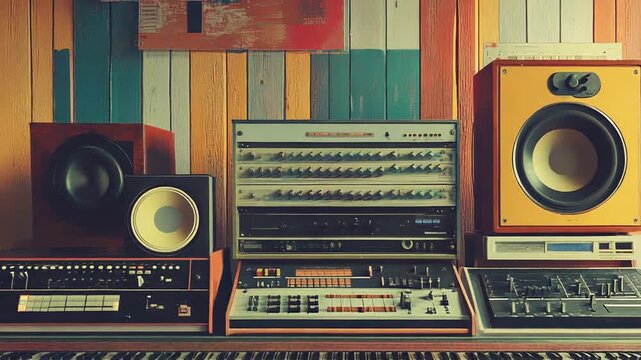 Retro music studio with analog sound equipment and synthesizer