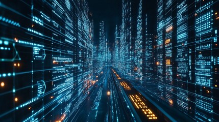 Stunning digital cityscape with glowing data streams and futuristic architecture, perfect for tech innovation and AI concepts