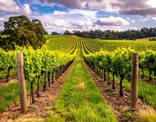 Naklejka premium Scenic vineyard rows on a sunny day under a cloudy sky