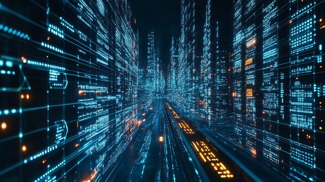 Stunning digital cityscape with glowing data streams and futuristic architecture, perfect for tech innovation and AI concepts - Powered by Adobe