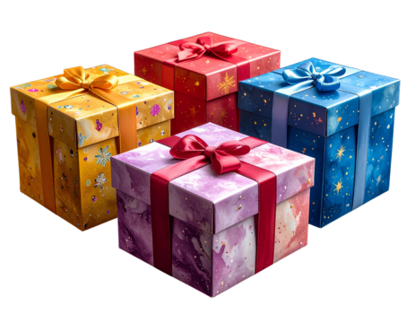 Six vibrant gift boxes in various colors and designs against a black background repre