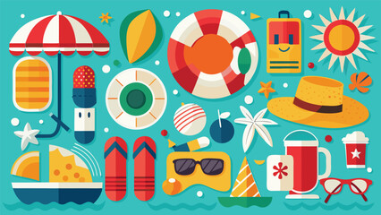 Naklejka premium Free vector clipart showcasing summer elements such as sun, waves, and tropical motifs for use in design work..eps