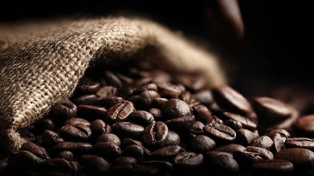 Dark roasted coffee beans spilling from a burlap sack.