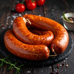 Two sausages on a dark slate board