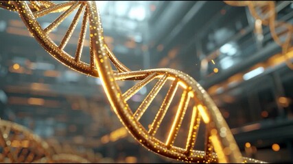 A visually striking 3D representation of a DNA double helix with glowing golden strands, set against a blurred scientific background. - Powered by Adobe