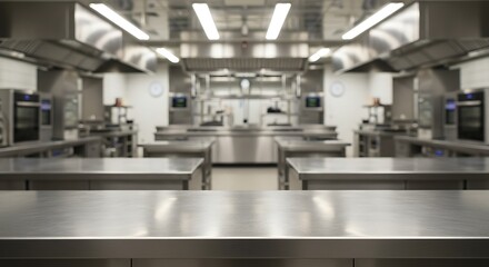 Modern stainless steel commercial kitchen with multiple workstations and professional equipment for commercial usage and mockups