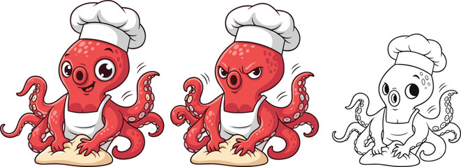 Cartoon octopus chef kneading dough, cute sea animal cooking, multitasking kitchen character, emotional expressions, vector illustration, white background, EPS