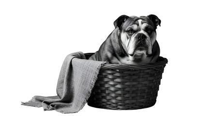 Isolated photo bulldog sitting in basket with blanket