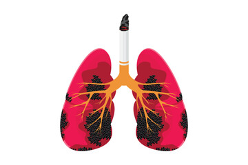 Vector illustration of human lungs damaged by cigarette smoke. Concept of smoking danger, lung disease, and health awareness.