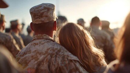 A soldier hugs a loved one at sunset during a military event, with fellow service members nearby
