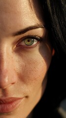 Obraz premium Intriguing Gaze: A close-up of a woman's face, her captivating green eye draws you in, capturing a depth of emotion and introspection, bathed in the soft glow of natural light.