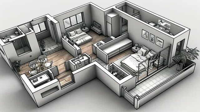 Isometric view of a modern apartment floor plan, showing bedrooms, kitchen, living space, and bathrooms