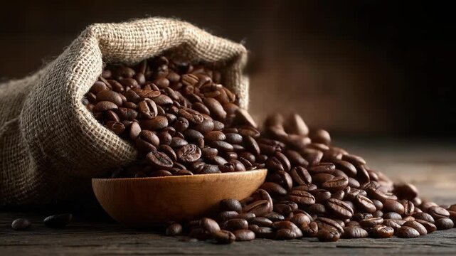 Coffee beans spilling from a burlap sack onto a wooden surface.