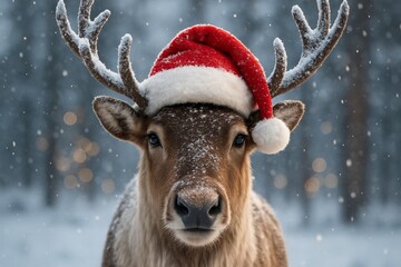 Cute reindeer wearing Santa hat with snow-covered antlers in magical snowy forest for xmas and new year celebration concept. Ai generative. Ai generative