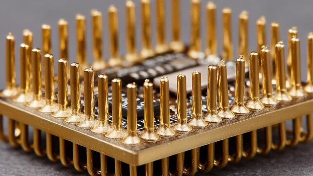A square integrated circuit with hundreds of gold pins along its edges, like a PGA CPU package.