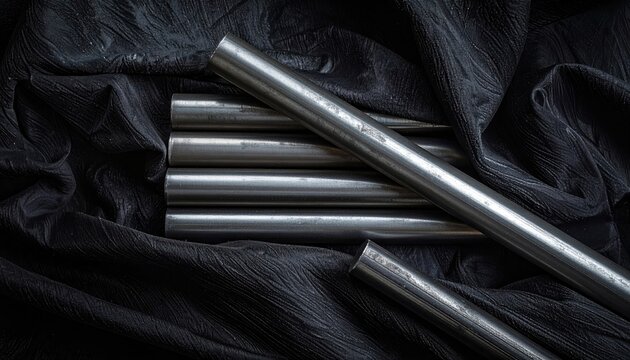 Close up of metallic rods arranged on a dark sparkling fabric with dramatic lighting - Powered by Adobe
