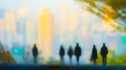 Silhouetted figures walk against a vibrant, blurred cityscape creating a sense of urban exploration and modern life discovery.