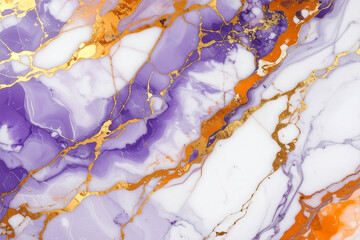 A luxurious abstract marble texture featuring dramatic swirls of lavender and deep purple, interspersed with white, and highlighted by bold, cracked gold veins.