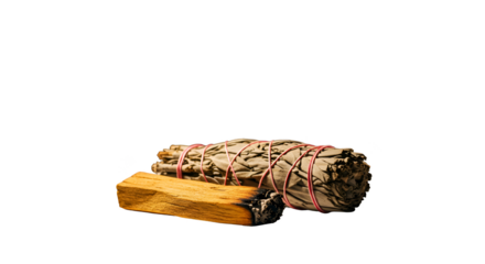 Isolated Photo Dried Smudging Sage Bundle On Wooden Block