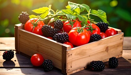 Fresh tomatoes and blackberries in a wooden crate