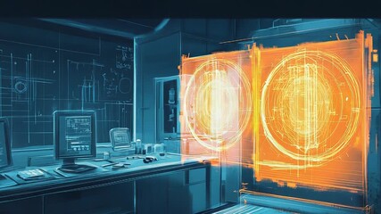 Future laboratory workspace with glowing holographic display and schematics - Powered by Adobe