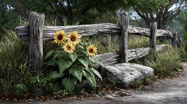 A patch of sunflowers beside a faded fence in summer.