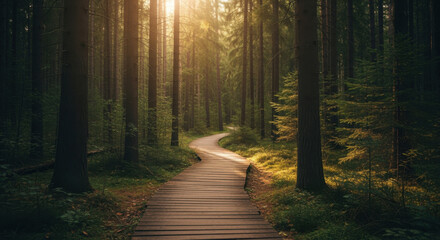 Fototapeta premium A wooden path curves through a sunlit forest, inviting exploration and tranquility.