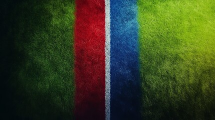 Vibrant, textured grass surface with bold red, white, and blue stripes offers a dynamic abstract backdrop for sports, patriotism, or modern design concepts.