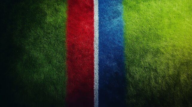 Vibrant, textured grass surface with bold red, white, and blue stripes offers a dynamic abstract backdrop for sports, patriotism, or modern design concepts.