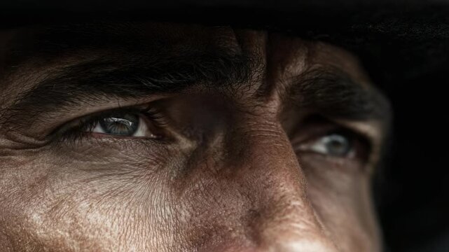 Close-up of a weathered man&rsquo;s eyes with an intense, upward gaze and dramatic lighting.