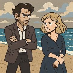A man and a woman are standing on the beach and arguing. The atmosphere is tense and heavy.