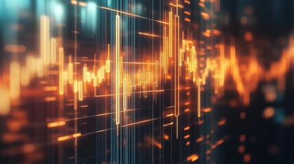 Dynamic glowing financial stock market graph data visualization with vibrant orange and blue hues, representing growth and analysis.