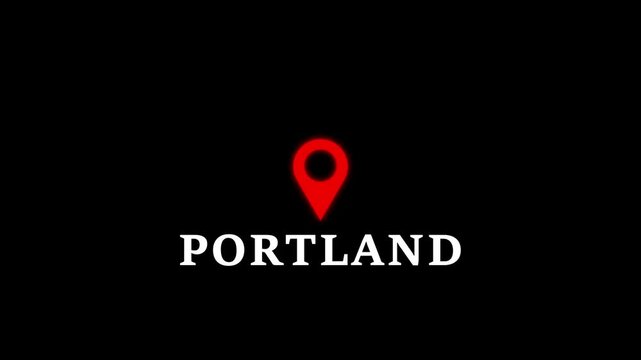 Red location pin icon hovering over the word P O R T L A N D on a black background representing