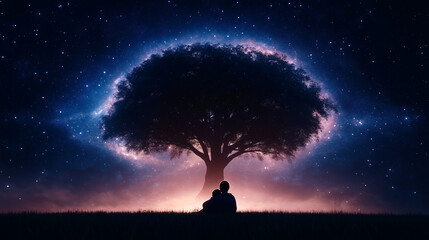 Two people sitting under a tree gazing at the starry night sky. Peaceful dreamy scene of friendship, love, and wonder beneath the cosmos, perfect for romantic or inspirational visuals.