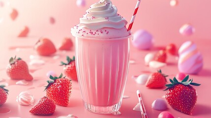 Indulge in a decadent strawberry milkshake topped with creamy whipped cream and sprinkled with vibrant pink confetti, surrounded by fresh strawberries and sweet treats.