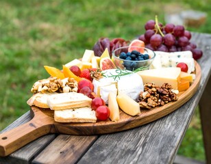 Assorted cheeses, fruits, and nuts on a wooden board
