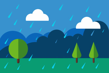 Landscape with trees clouds and rain illustration