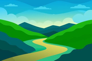 Valley landscape with river and mountains scenery