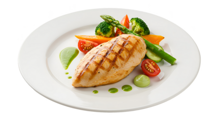 Isolated Photo Grilled Chicken Breast With Vegetables On Plate
